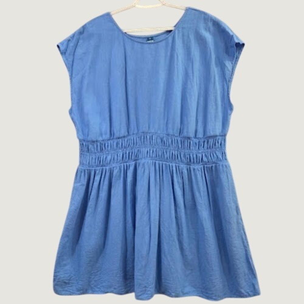Old Navy Dress 2X Blue Smocked Elastic Waist Capped Sleeve Mini Linen Blend
